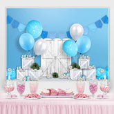 Toile de fond de joyeux anniversaire de ballons bleus en bois blanc